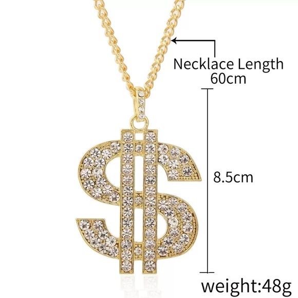 Zara $ Money Gold + Clear Crystals Link Chain Necklace Hip Hop - Picture 3 of 16